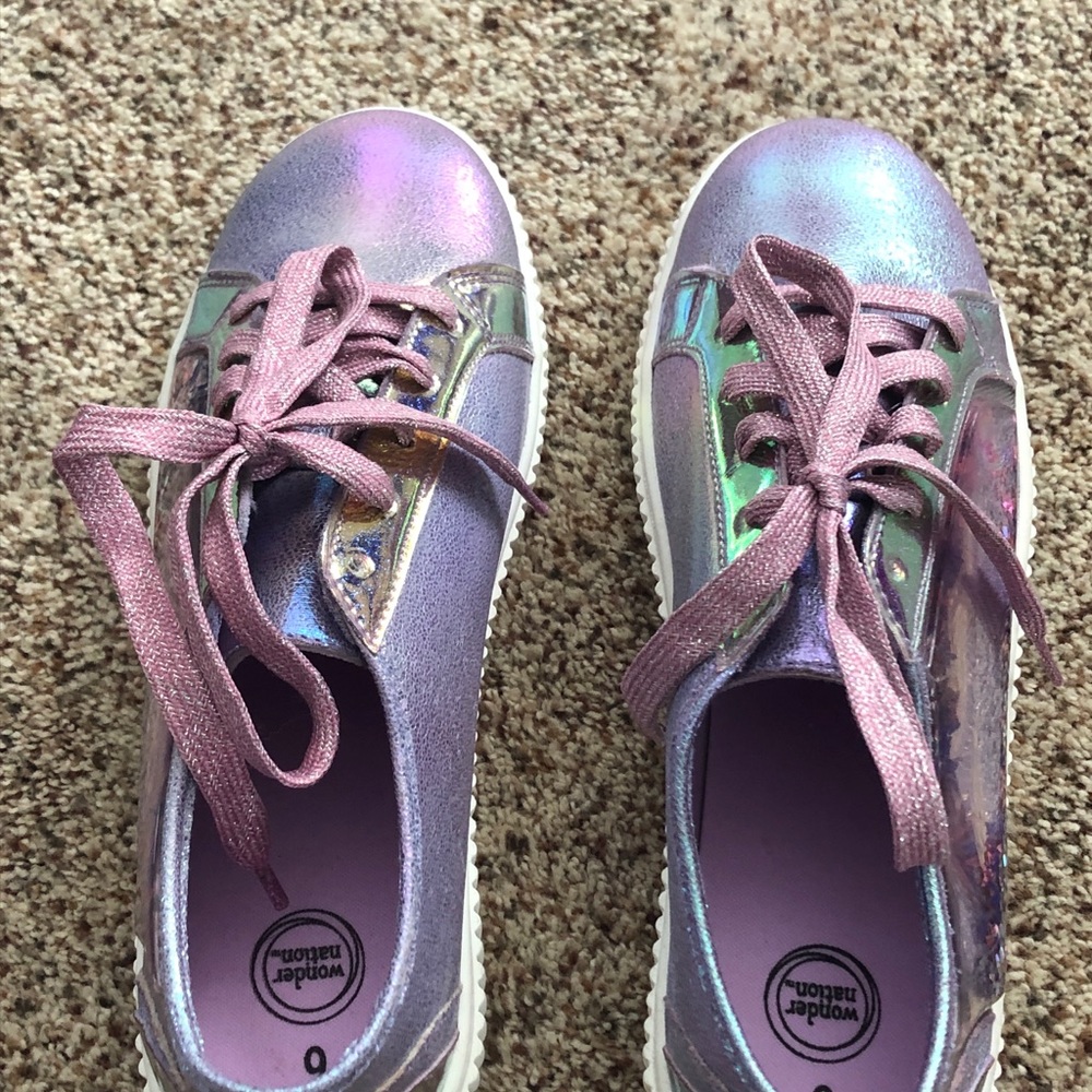 Wonder Nation brand shiny purple shoes with floating confetti design